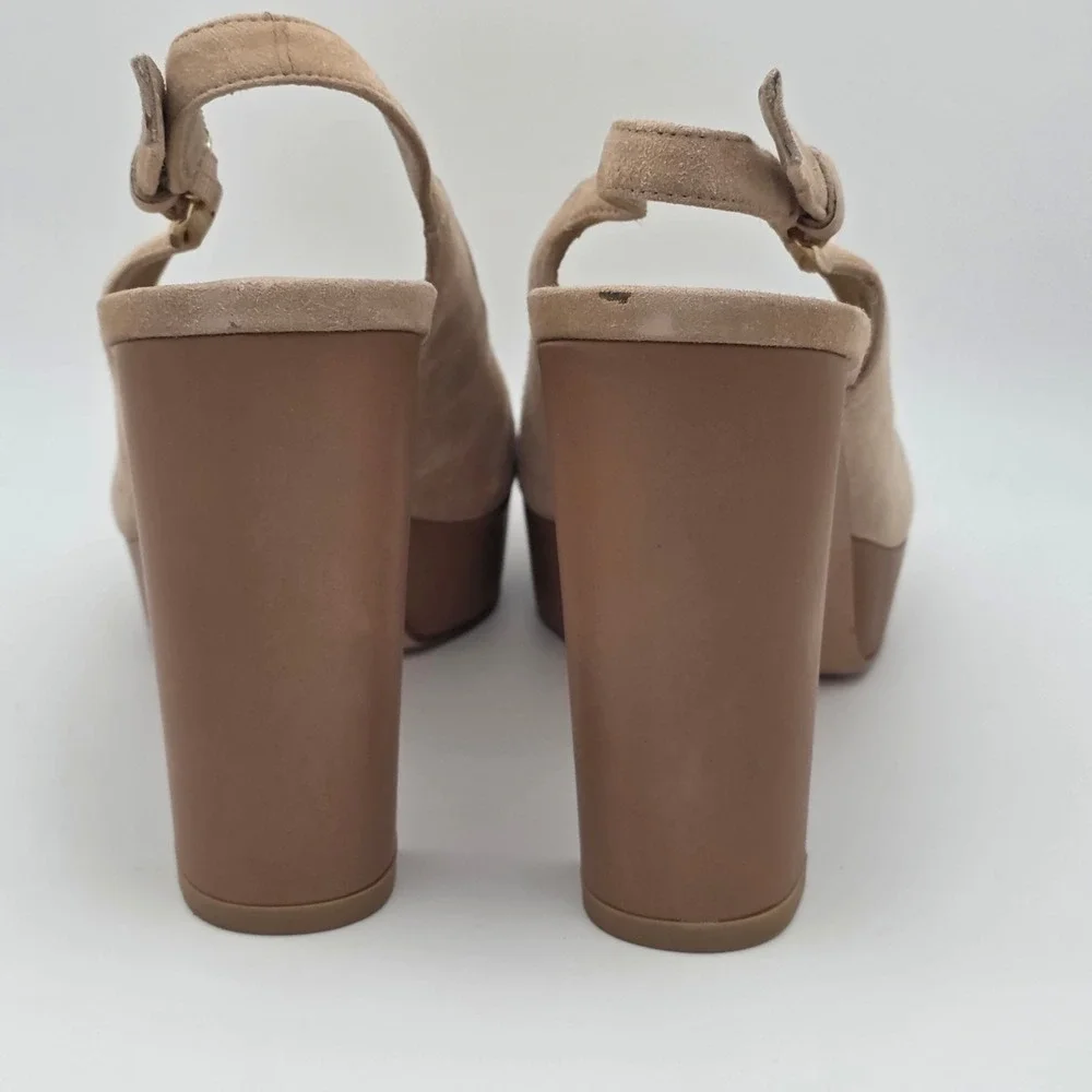 Stuart Weitzman Slingshot Block Heels Women 10 Tan Suede Platform‎ Wedding Guest
